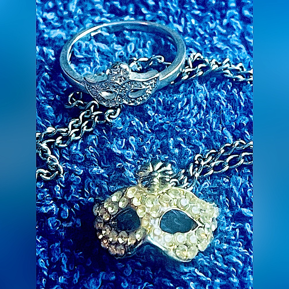 crystal masquerade set sterling silver ring size 8 1/2 & mask necklace vtg